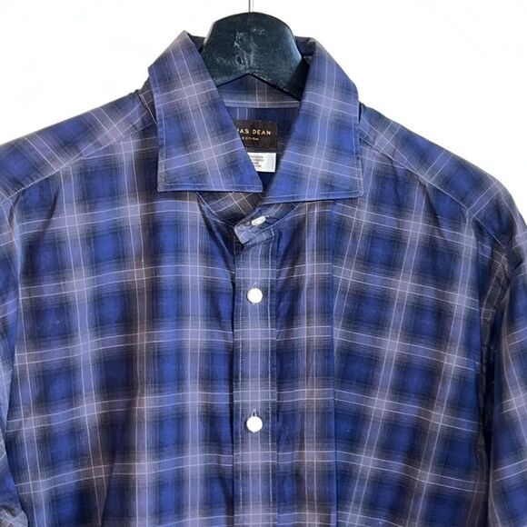 THOMAS DEAN Cobalt Blue and Grey Plaid L/S Button Up Shirt-L - Picture 2 of 9
